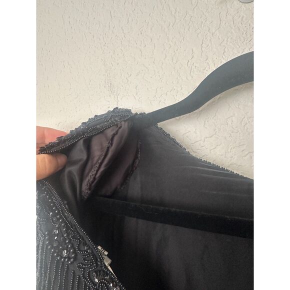Oleg Cassini Vintage 70s/80s Silk Black Beaded Cocktail Dress 20s Style Flapper - Picture 11 of 13